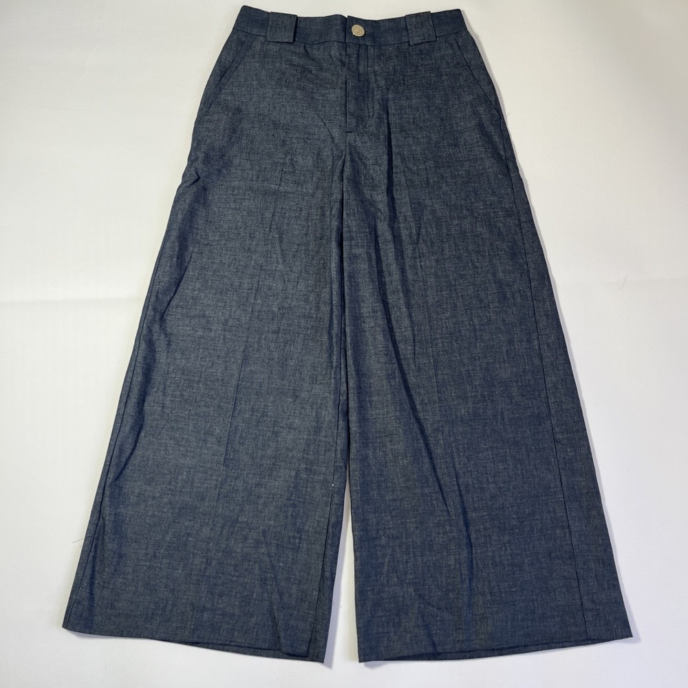 ZARA Women's Blue Linen Wide-Legโ Pants Pockets Solid Mid Rise XS